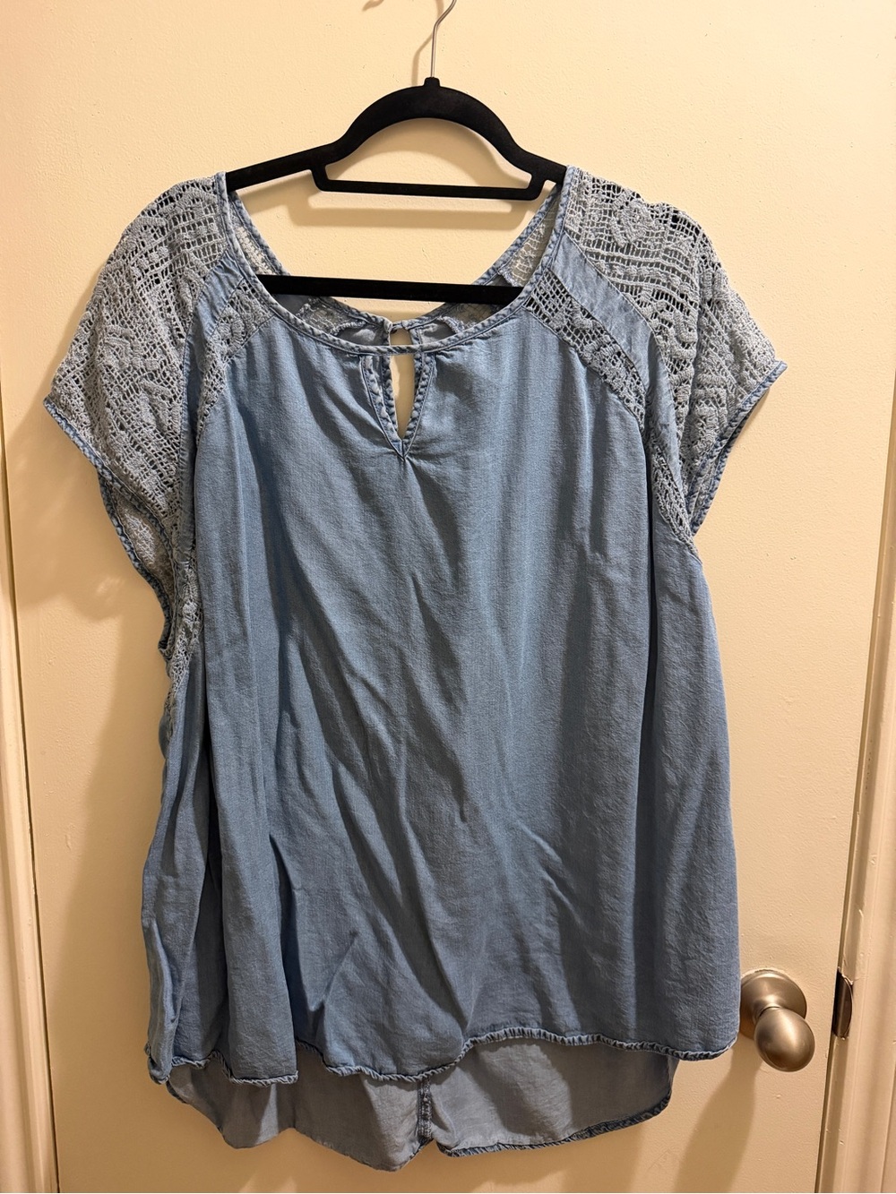 Ava Viv Plus Size Light Blue & Denim Chambray Crochet-Sleeve Women’s Top
